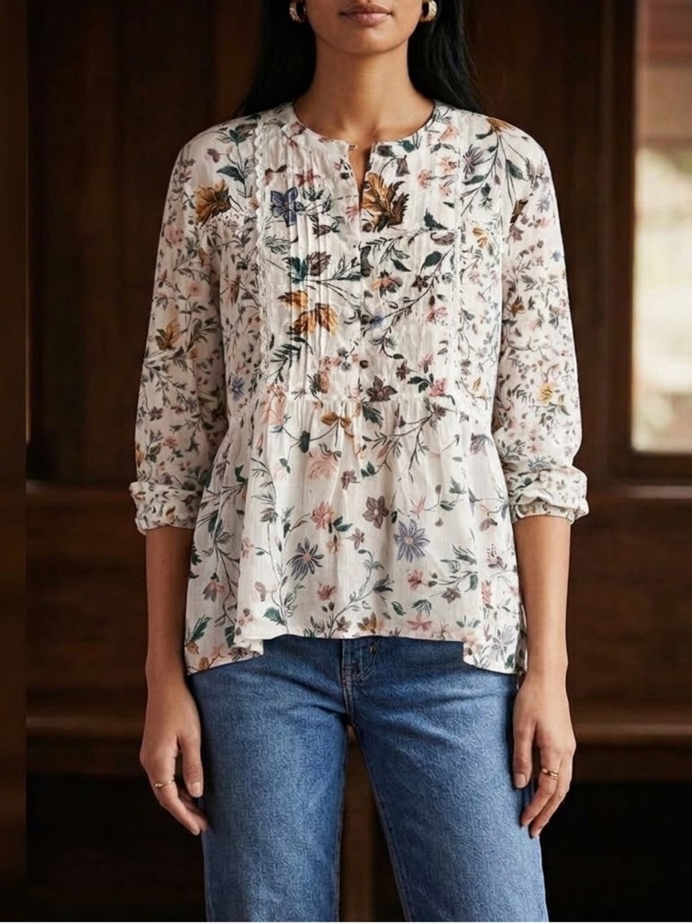Anthropologie Ginevra Floral Babydoll Blouse Lace Cotton Top Size S